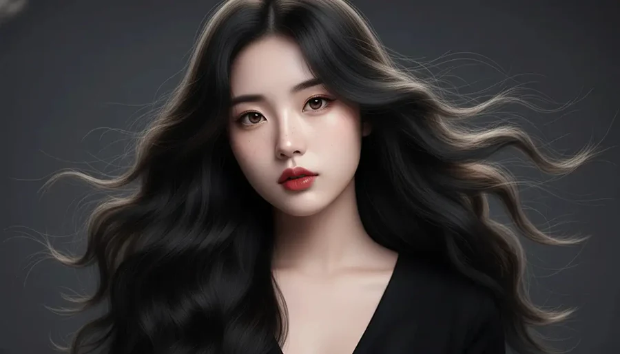 woman with long black wavy hair and natural makeup in studio