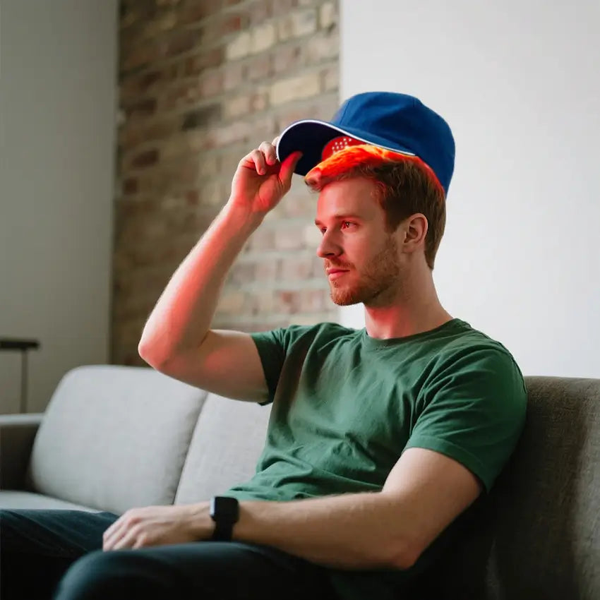 Man using red light therapy cap for hair treatment