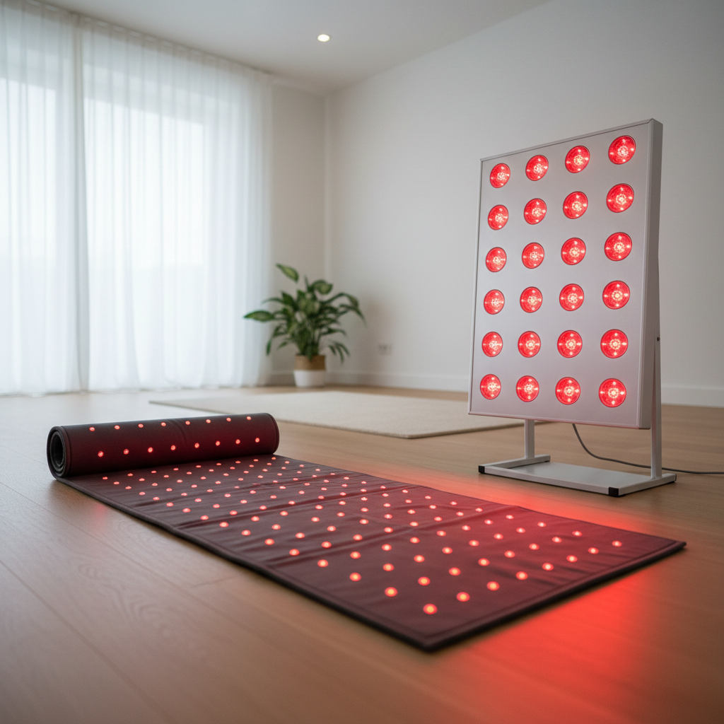 Side-by-side comparison of a red light therapy mat and panel in a clean, modern wellness setting