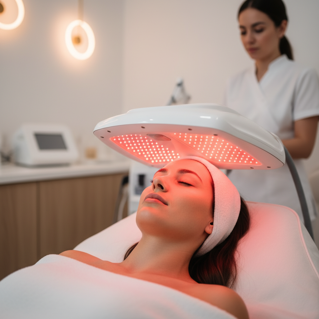 A person receiving professional red light therapy facial treatment in a modern skincare clinic