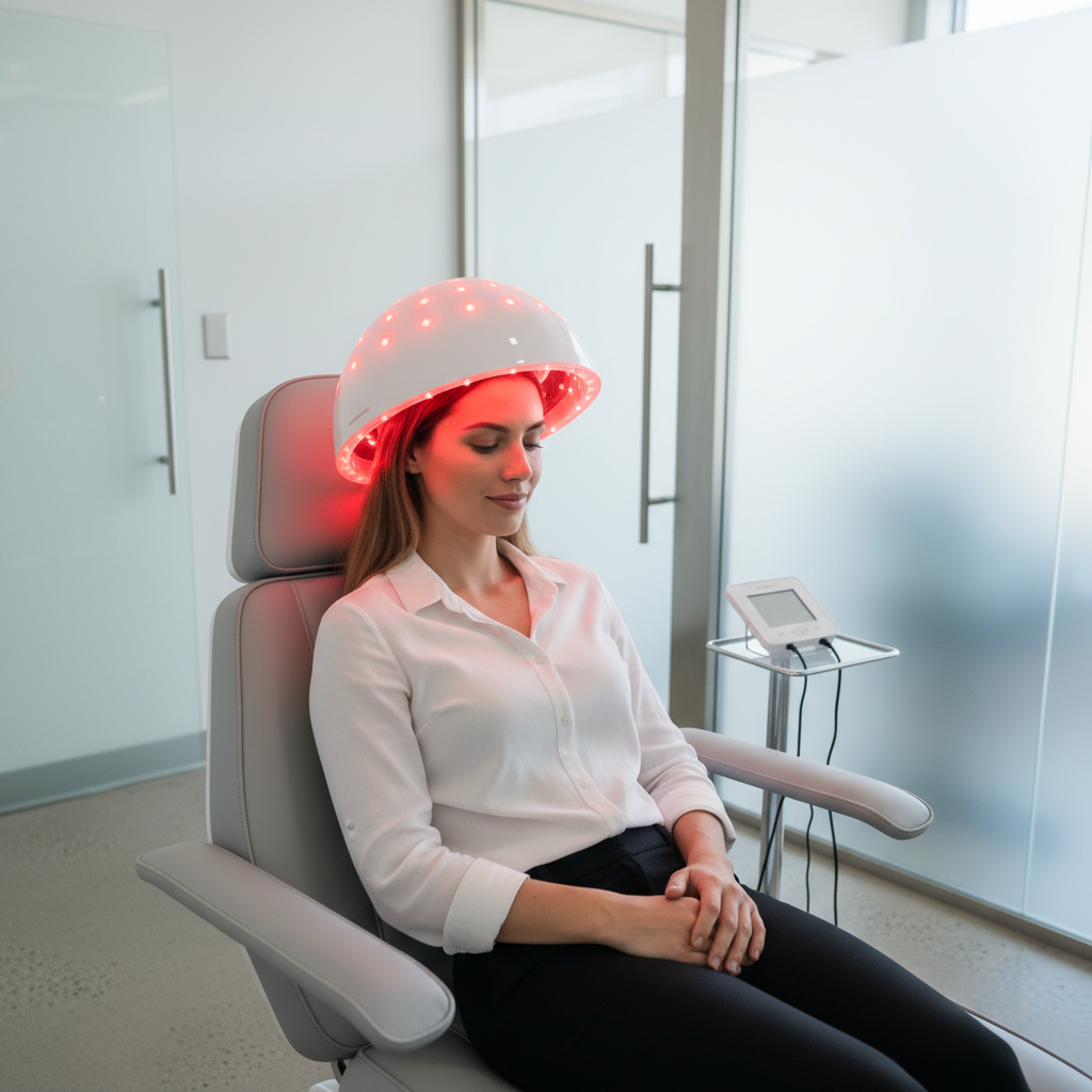 Person using red light therapy cap on scalp in clinical setting