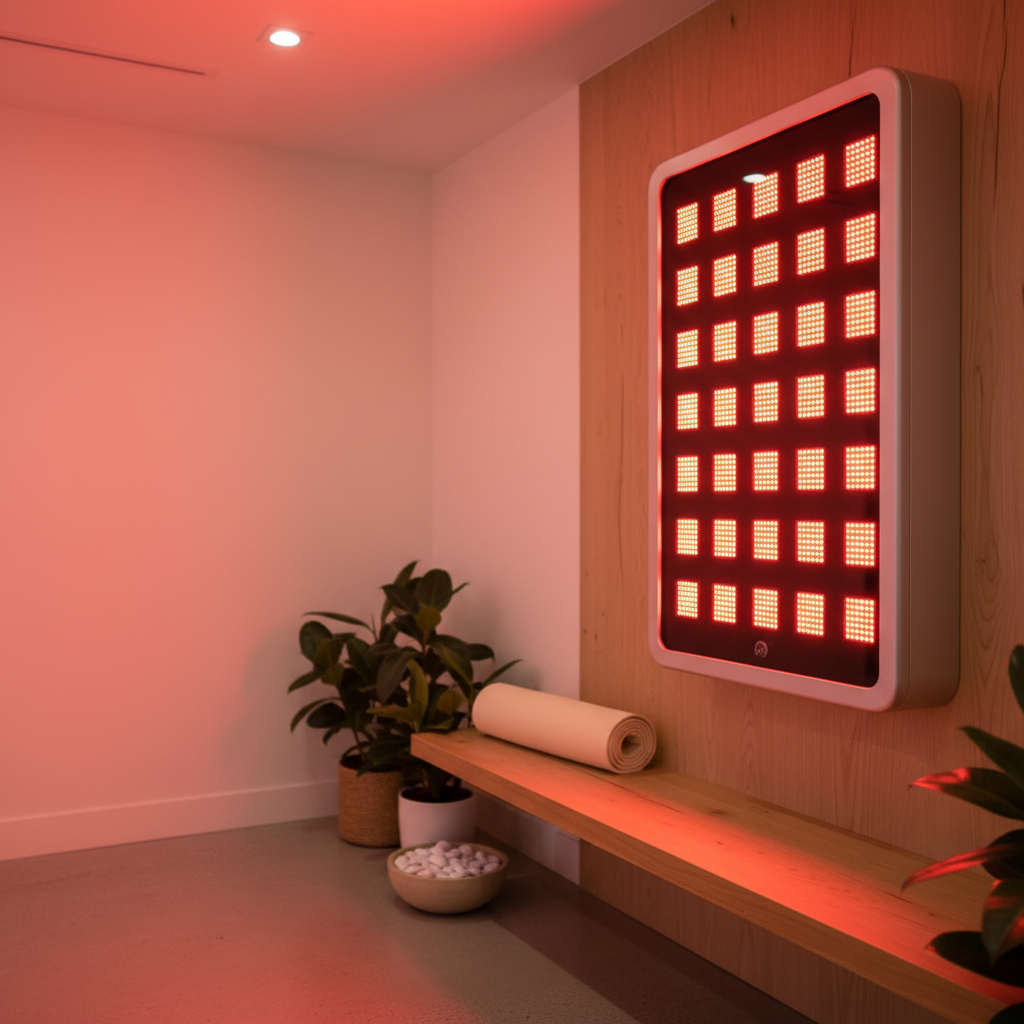 Professional red light therapy panel emitting gentle red and near-infrared light in a modern wellness studio setting