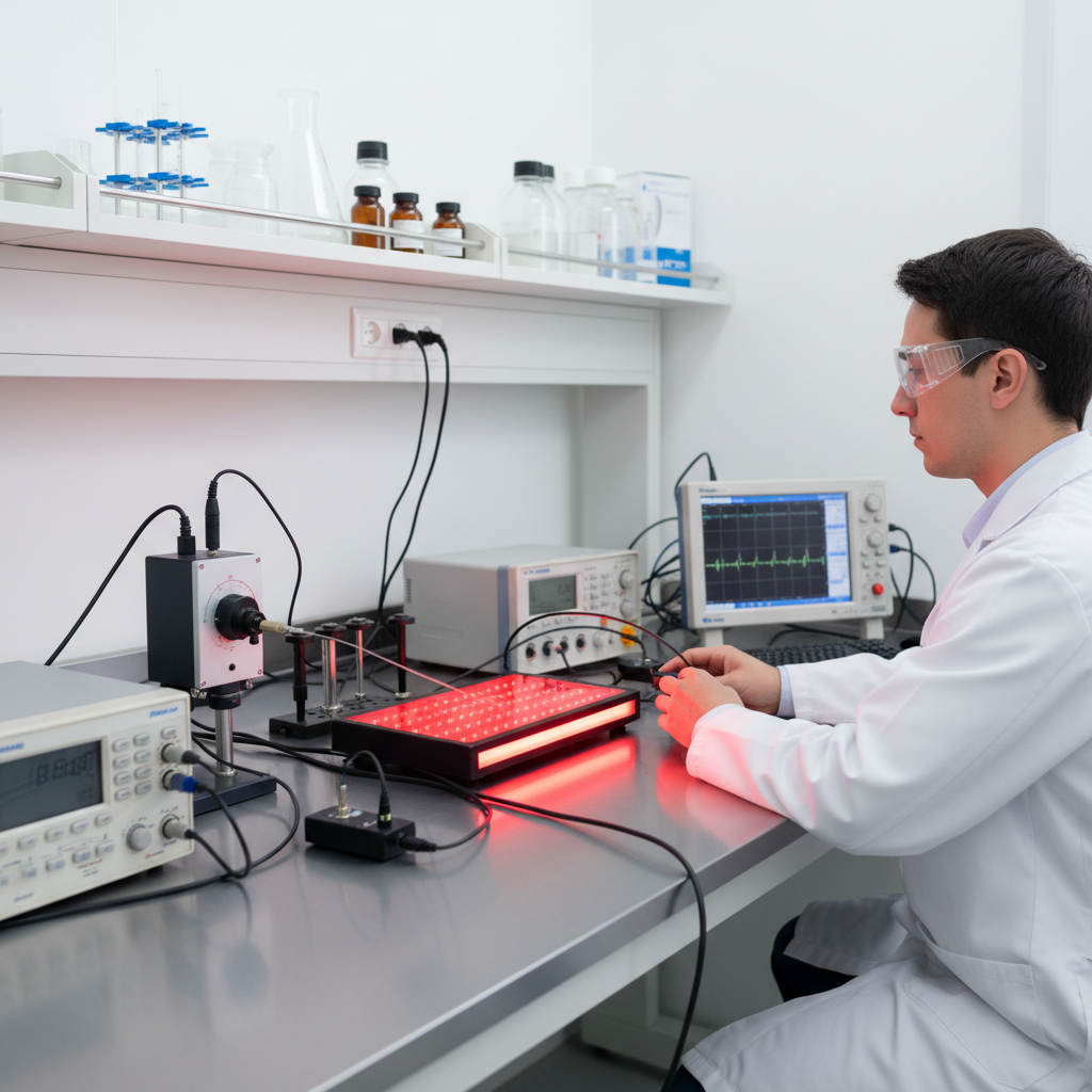 A laboratory technician in a clean lab environment uses specialized measurement equipment to test a red light therapy device, with visible red light emission and professional testing instruments