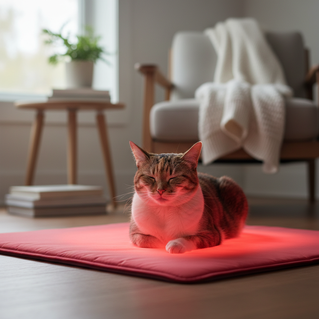A calm senior cat resting comfortably on a professional red light therapy mat in a sunlit living room.