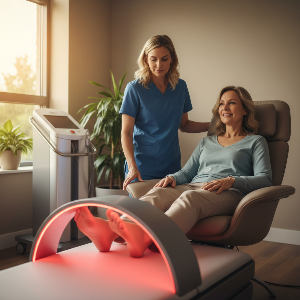 A patient receiving red light therapy treatment for neuropathy in a comfortable clinical setting