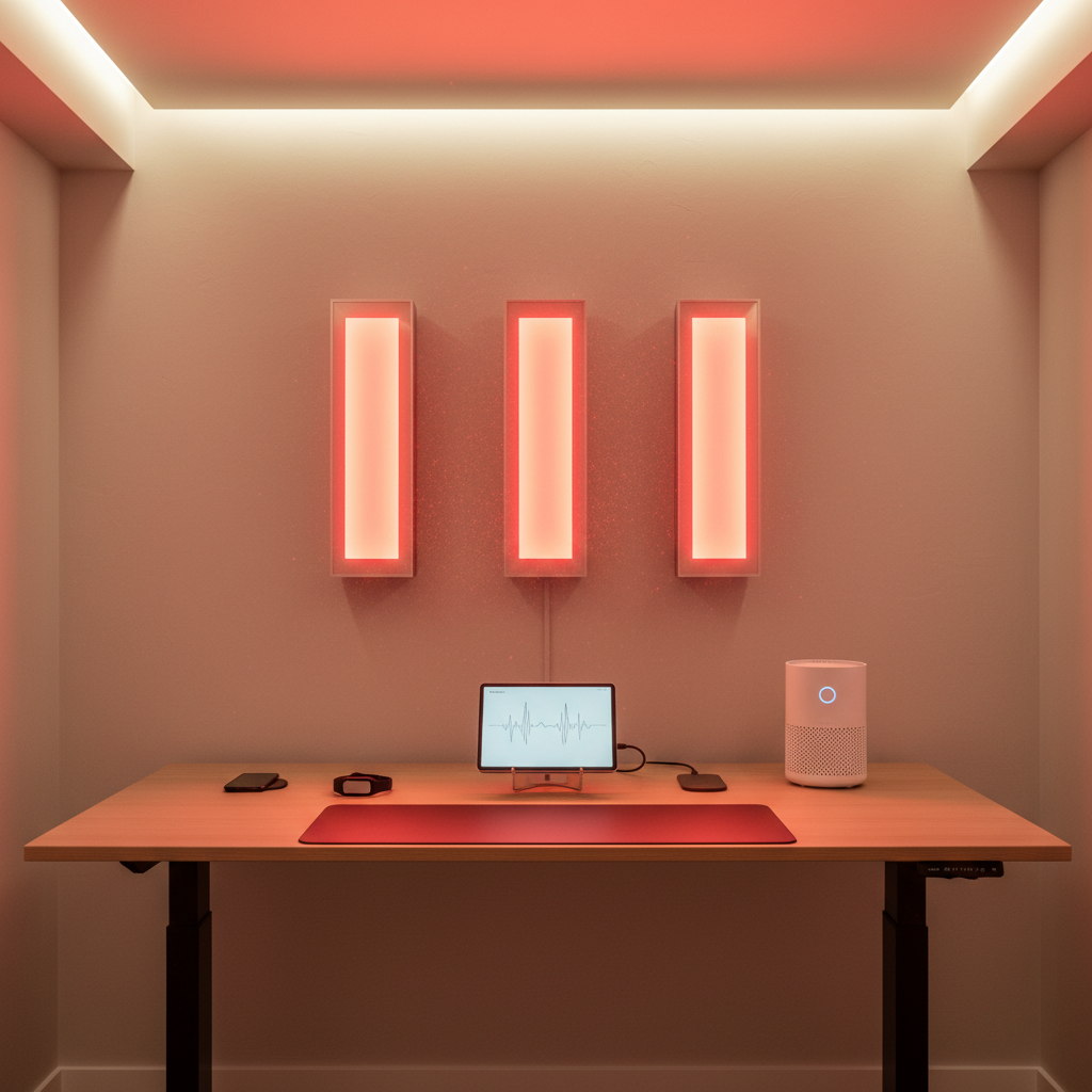 A sleek, modern biohacking setup with red light therapy panels in a minimalist home office environment