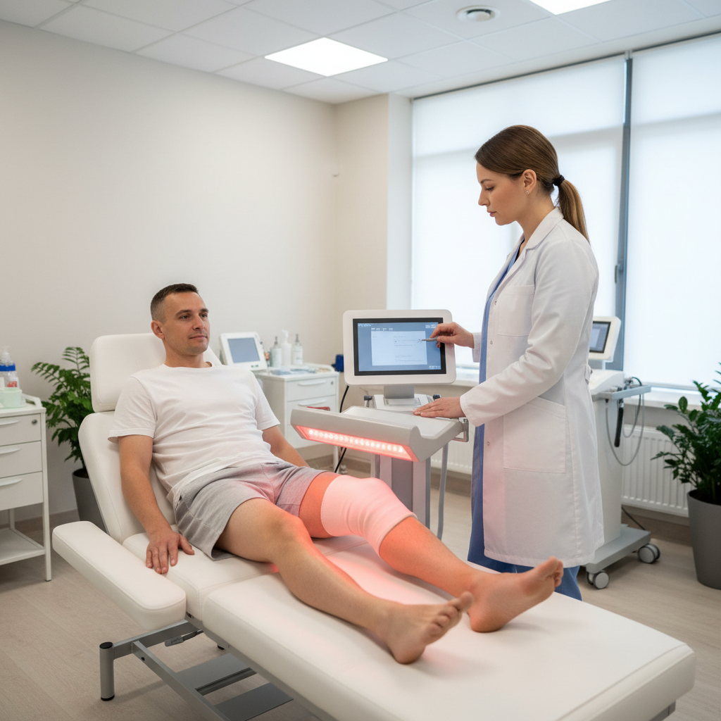 A patient receiving red light therapy on their knee in a clean, modern medical clinic setting, with a healthcare professional adjusting the device