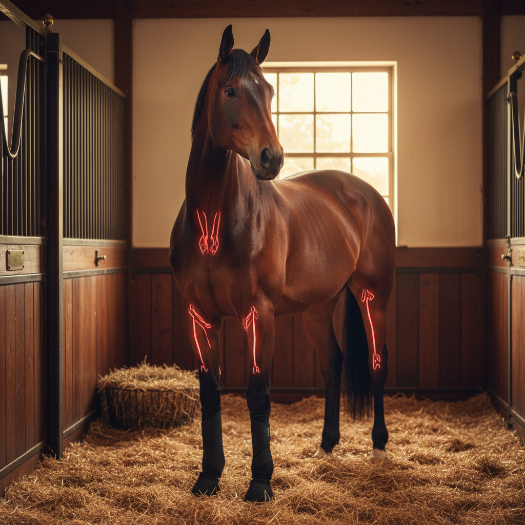 A majestic Thoroughbred horse receiving red light therapy via a leg wrap in a clean, professional stable environment.