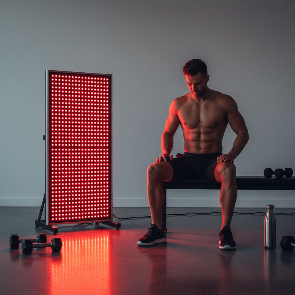 A high-energy, professional athlete in a modern home gym setting using a large YOULUMI red light therapy panel to treat their quadriceps before a workout. The room is sleek and well-lit, emphasizing a high-performance lifestyle.