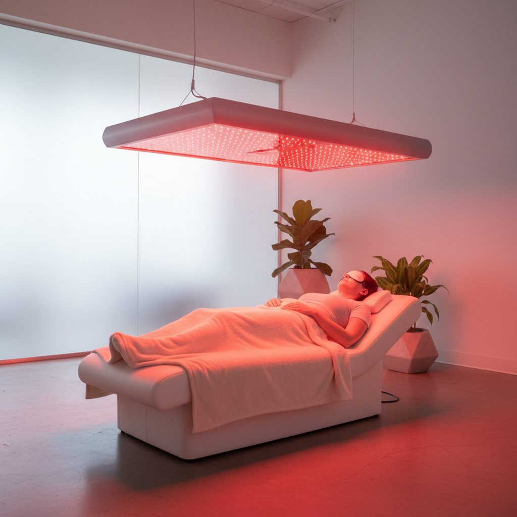Professional wellness scene showing a person receiving red light therapy in a clean, minimalist studio environment.