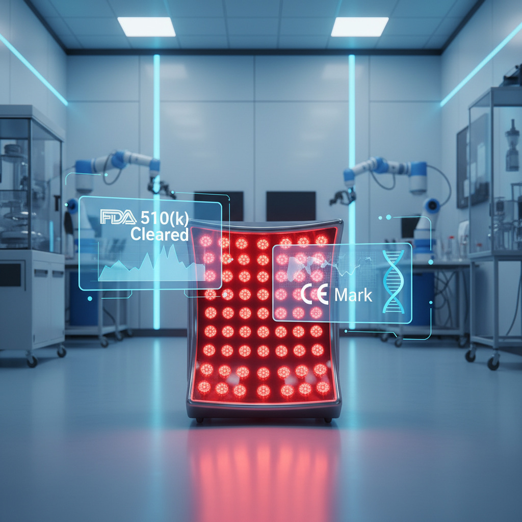 A professional comparison of FDA 510(k) and CE medical certifications for red light therapy devices.