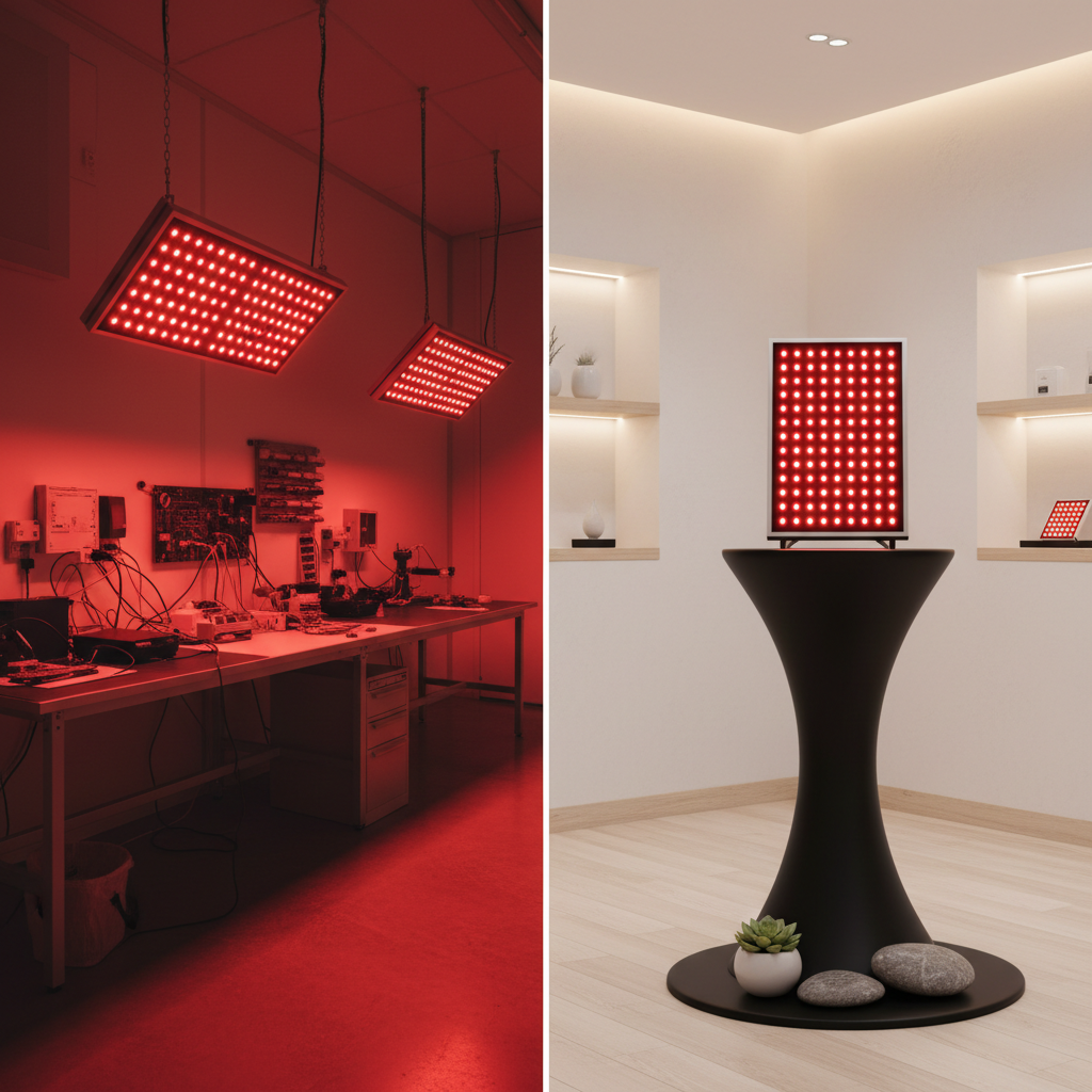 A professional comparison of red light therapy equipment in industrial and retail settings, illustrating the economic value theme.