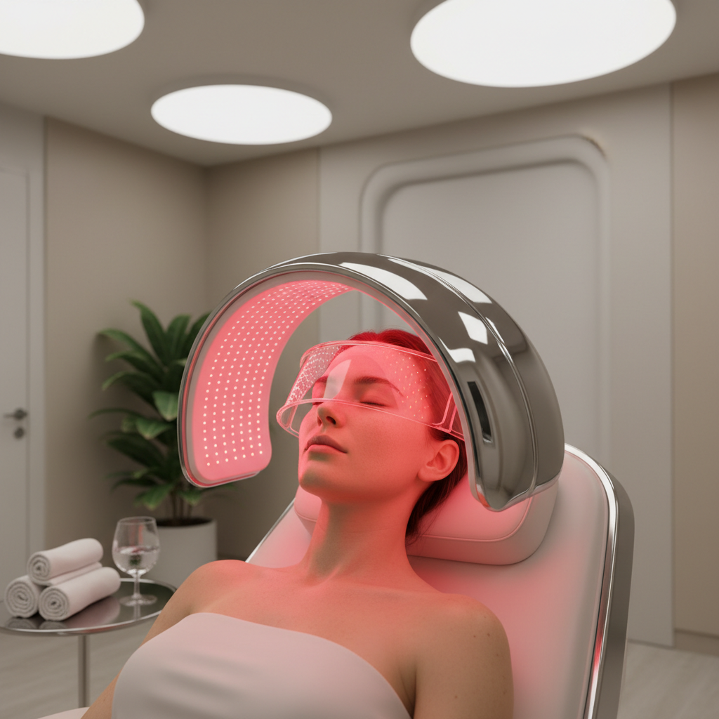 A professional shot showing a person receiving red light therapy treatment in a clean, clinical setting, establishing a therapeutic and soothing 2026 aesthetic.
