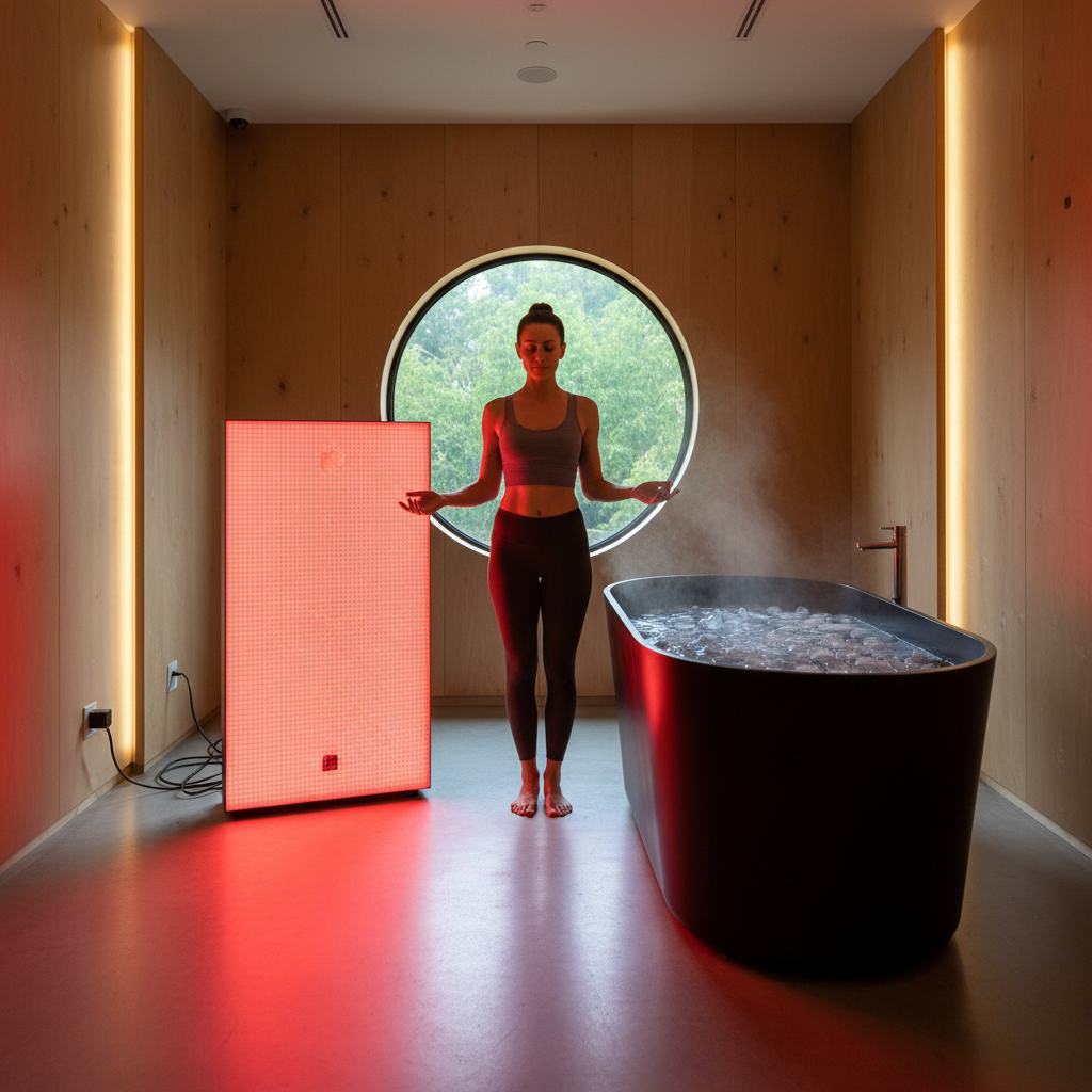 Modern wellness studio with red light therapy panel and cold plunge tub, showing the Fire & Ice Protocol in practice