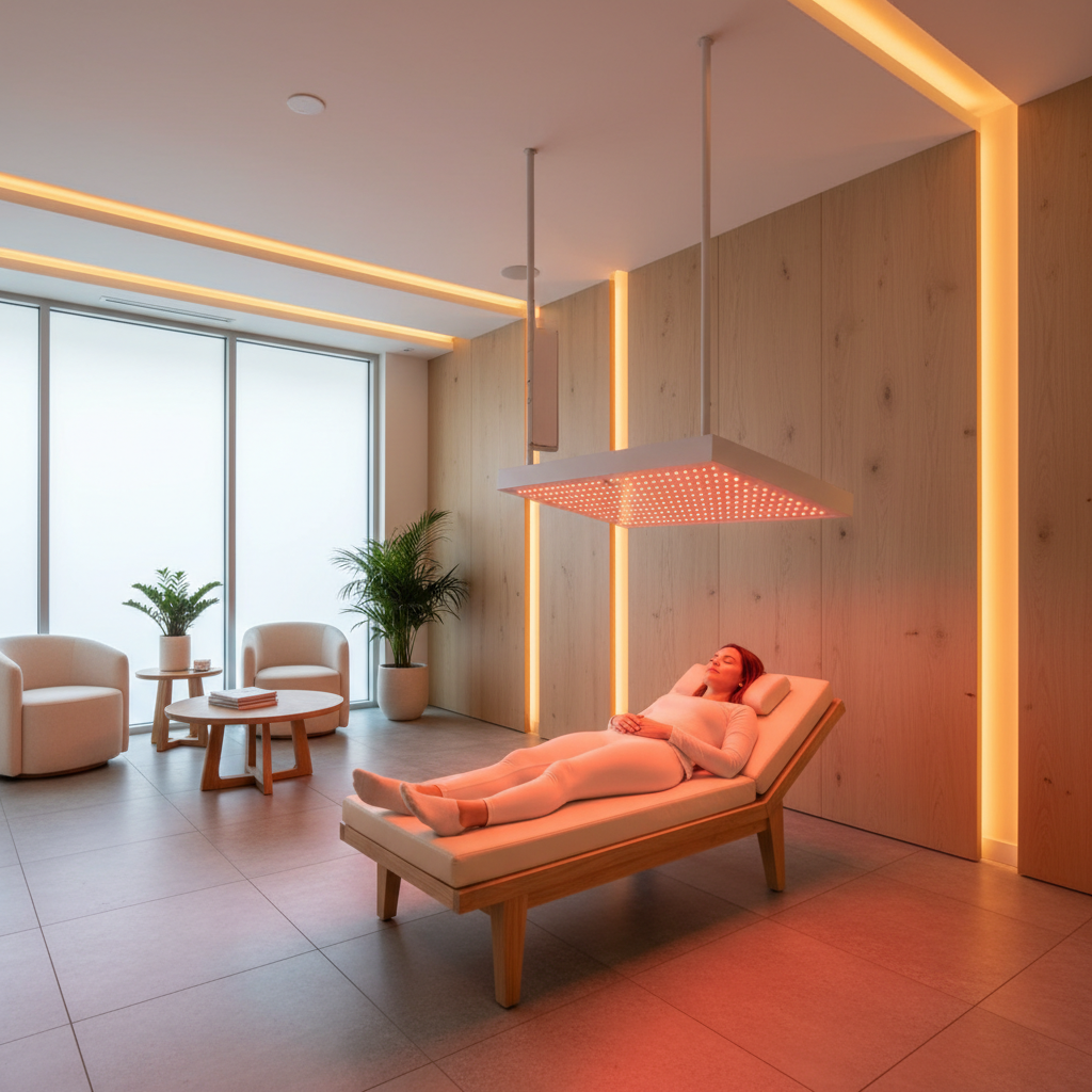 Professional red light therapy clinic with client receiving treatment in modern wellness environment