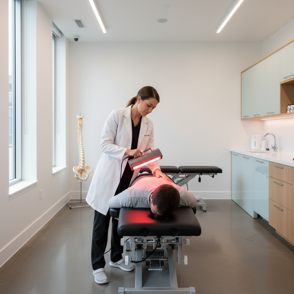 A chiropractor in a modern clinical setting applying red light therapy to a patient's back, showing professional healthcare equipment and clean clinic environment