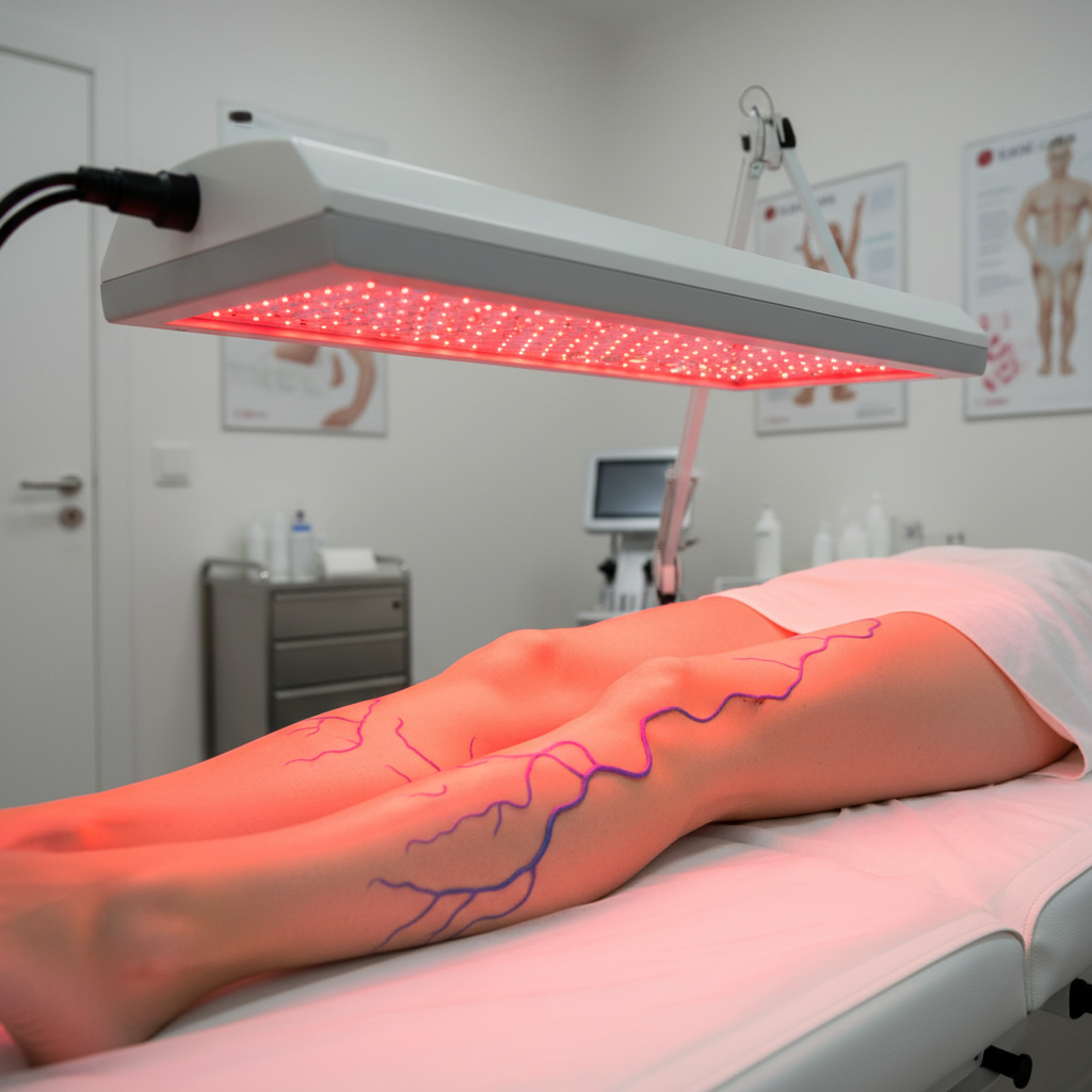 Professional red light therapy treatment being applied to legs with varicose veins in a clean medical clinic setting