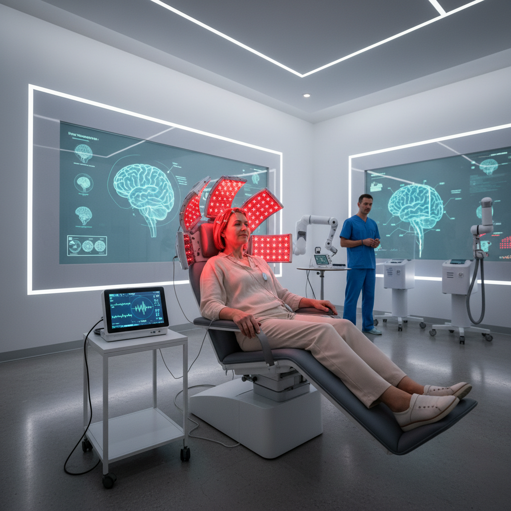 A modern medical facility showing red light therapy treatment for stroke recovery, featuring a patient receiving therapy in a high-tech rehabilitation setting with neurological monitoring equipment