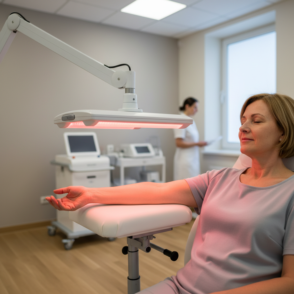 A patient receiving red light therapy treatment for lymphedema in a professional clinical setting