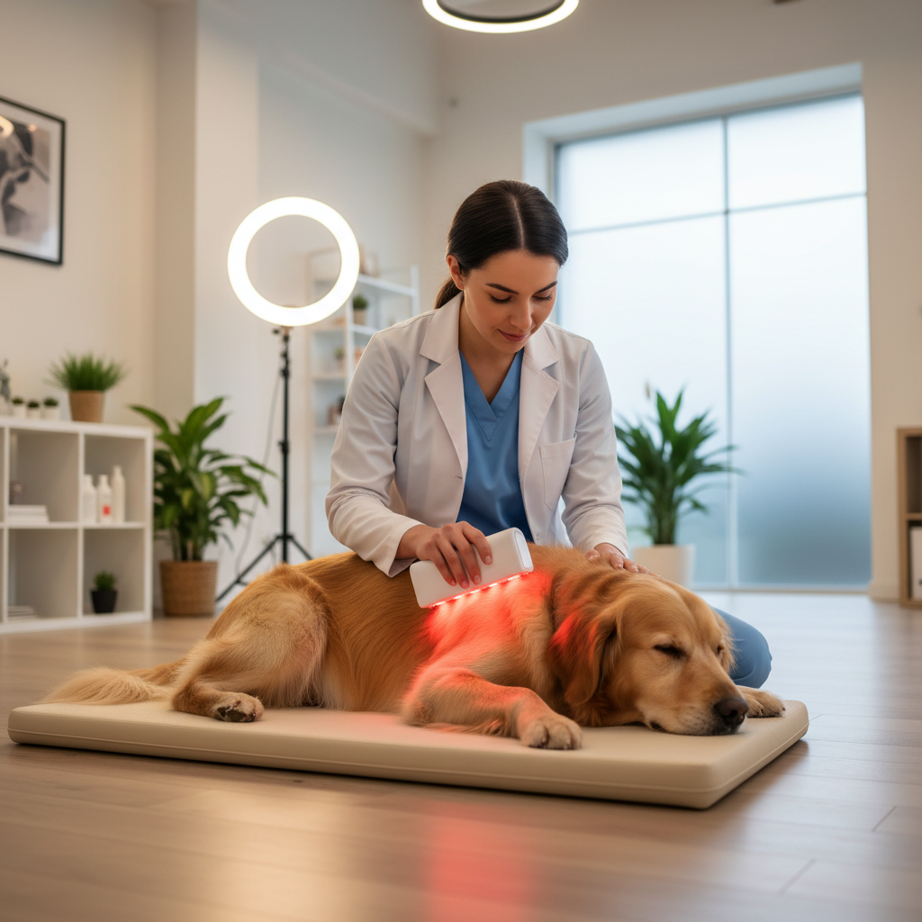 A veterinarian gently administering red light therapy to a golden retriever dog in a clean veterinary clinic setting
