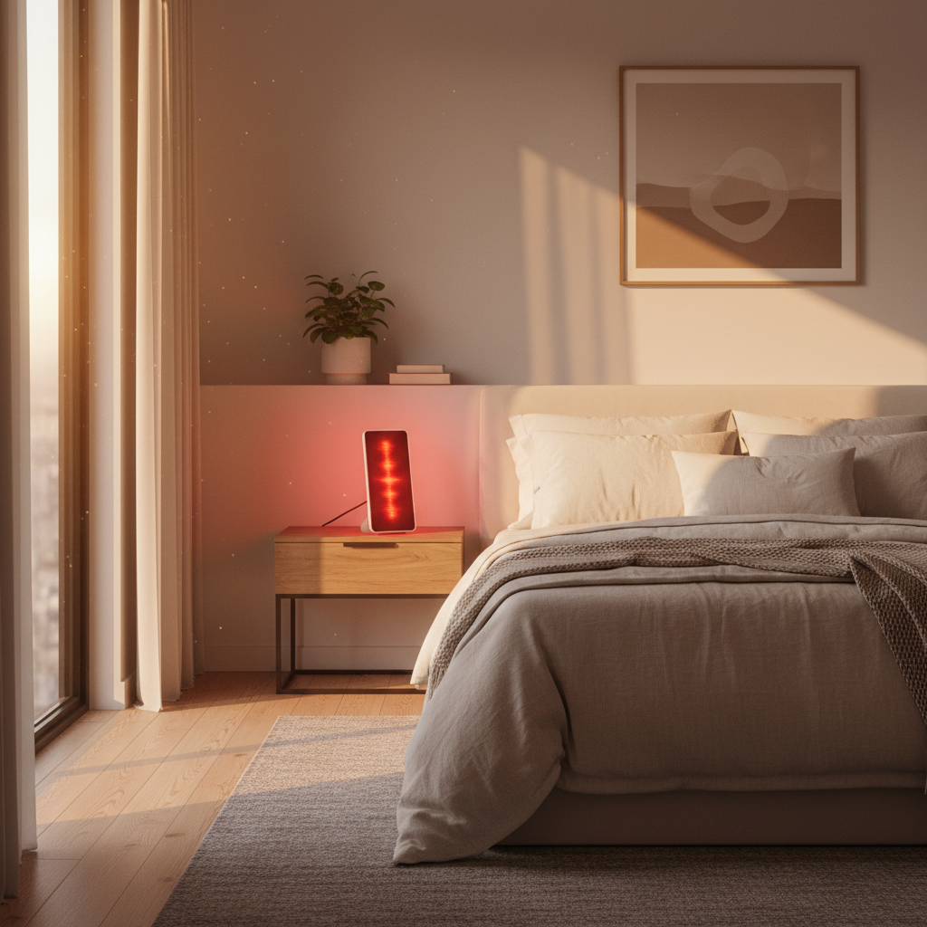 A serene morning scene with sunrise light streaming through a window onto a red light therapy panel, creating a warm, energizing atmosphere