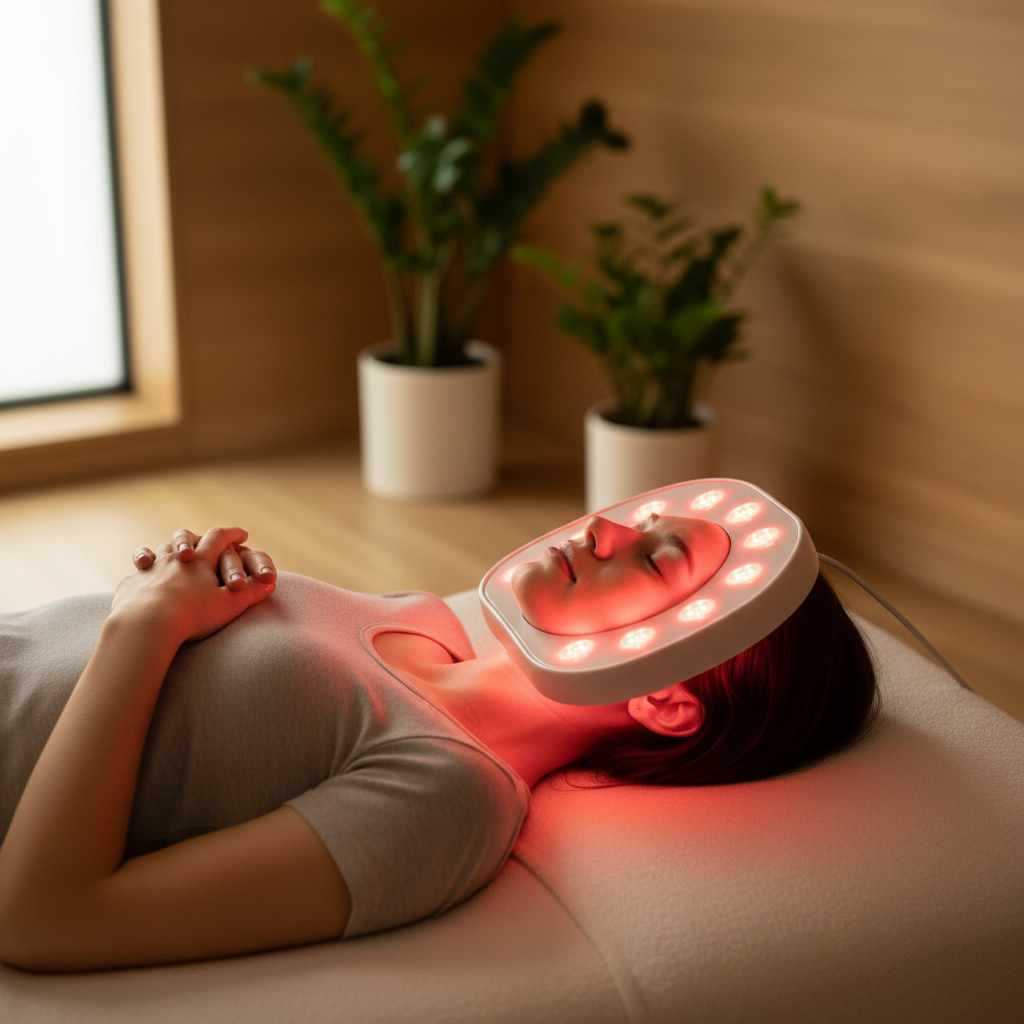 A professional wellness photograph of a person sitting comfortably in a modern living room, using a high-quality red light therapy panel directed at their face. The person looks relaxed, with eyes closed, and the room is filled with a soft, warm glow.