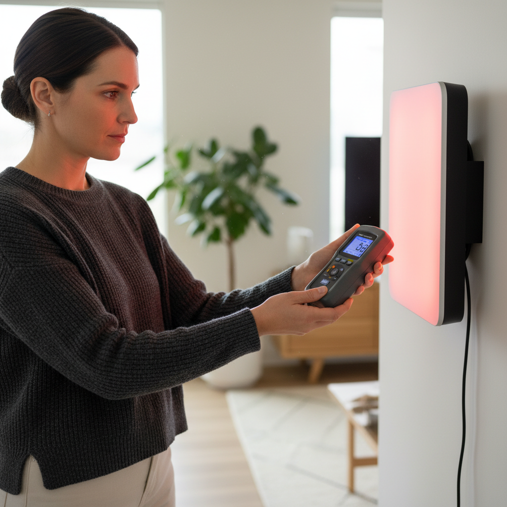 A person using an EMF meter to test electromagnetic field levels from a red light therapy panel in a modern home environment