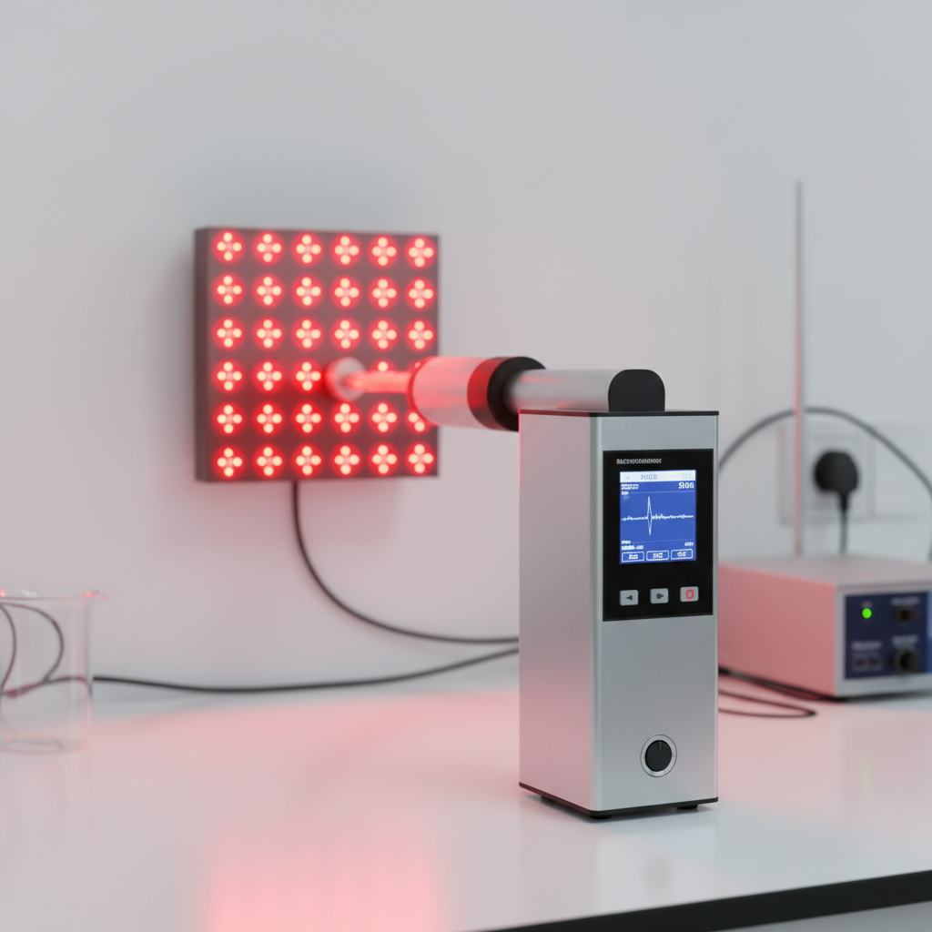 Professional spectroradiometer measuring red light therapy panel in a high-tech laboratory setting