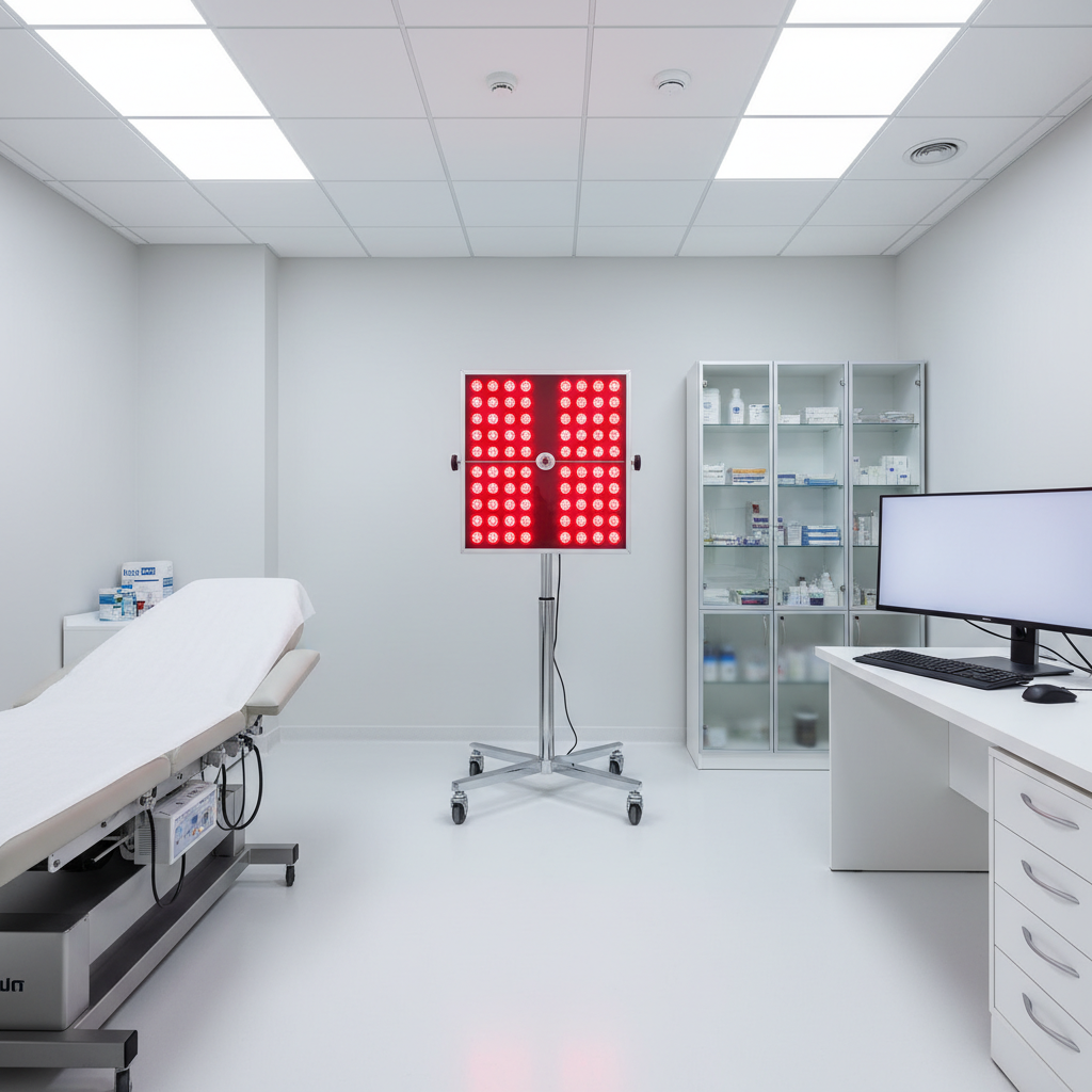 A professional clinical examination room featuring a medical-grade red light therapy device, emphasizing sterility and medical credibility.