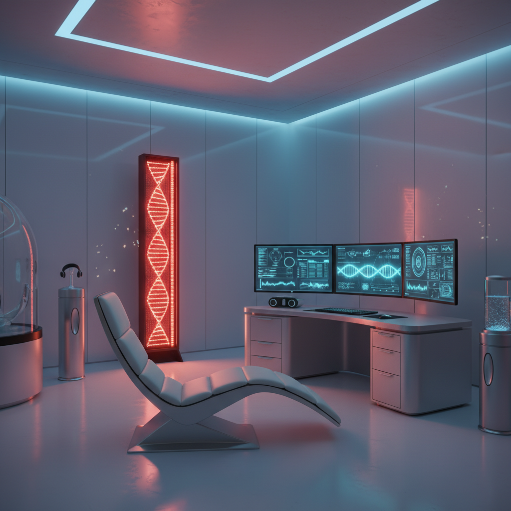 A sophisticated high-tech biohacking setup featuring a full-body red light therapy panel and health monitoring software.