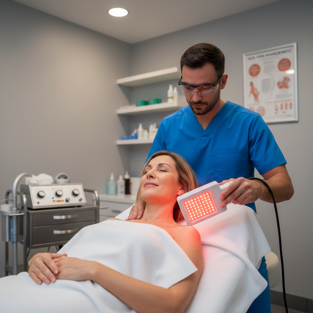 A person receiving red light therapy treatment for chronic pain in a professional clinical setting