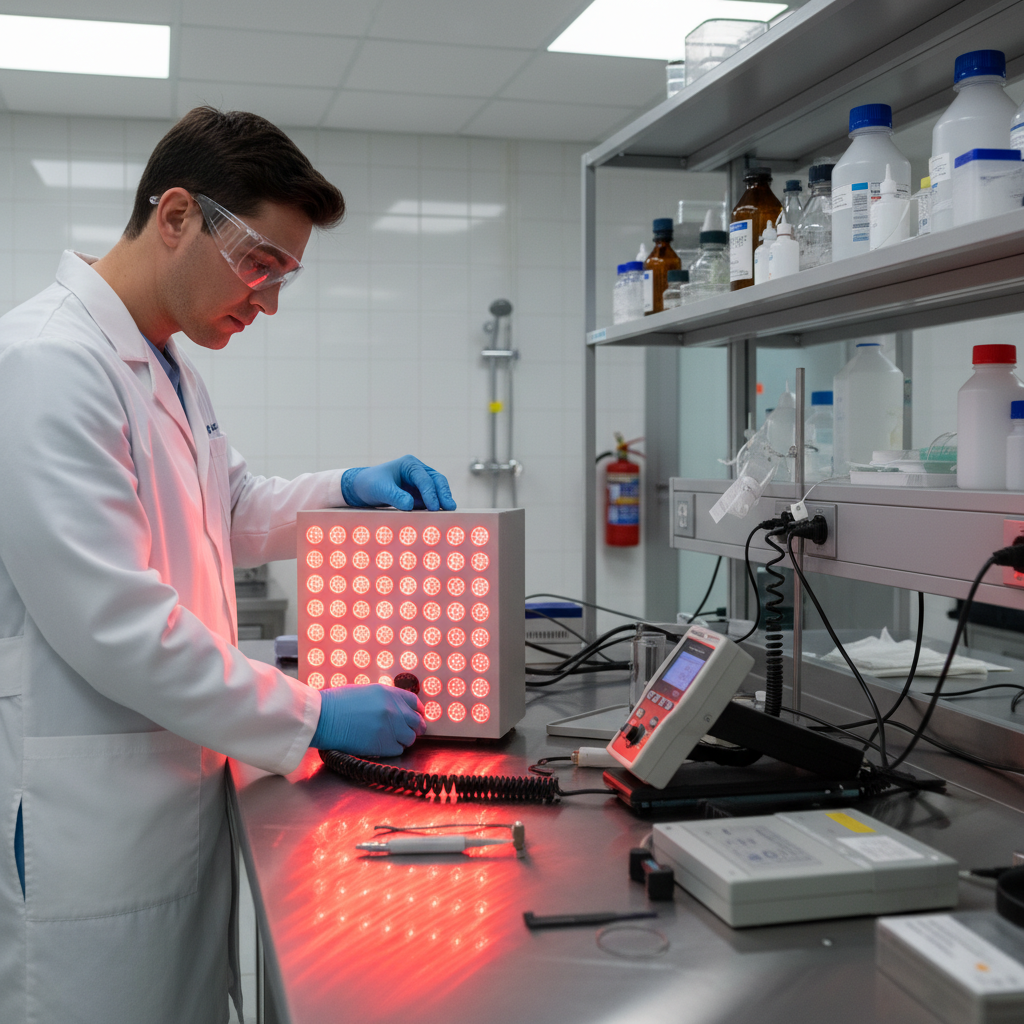 Professional laboratory setting with red light therapy equipment being calibrated by a technician wearing protective eyewear