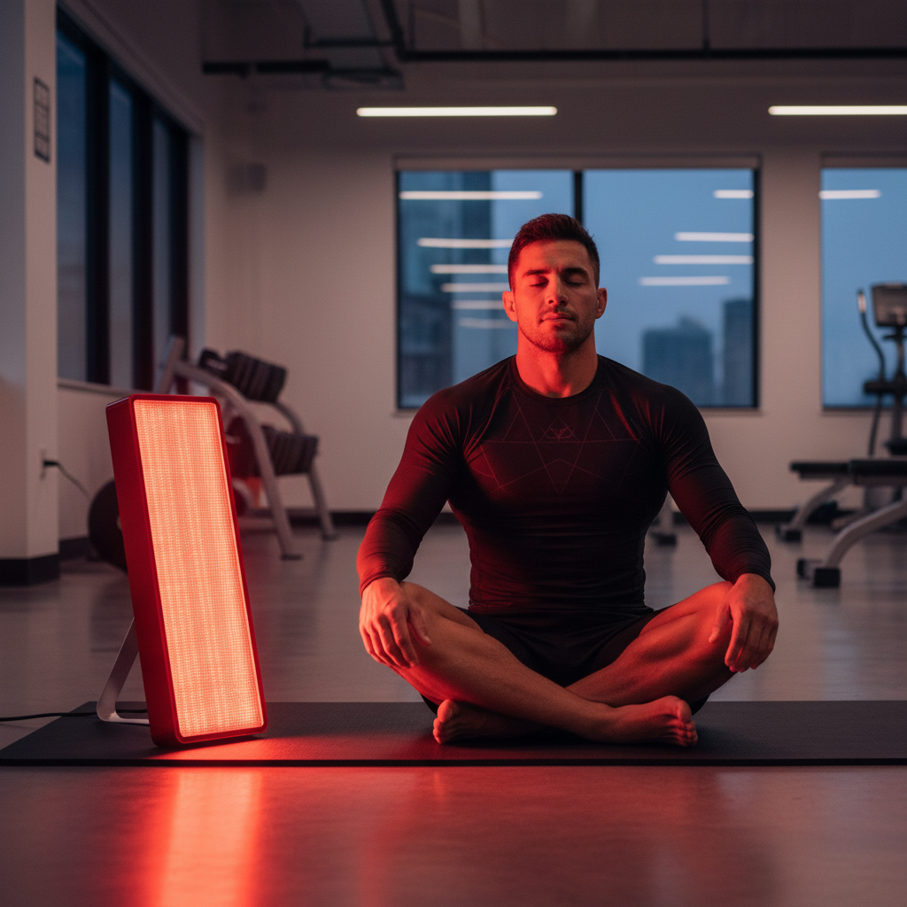 A professional environmental shot showing a BJJ athlete using red light therapy in a gym setting.
