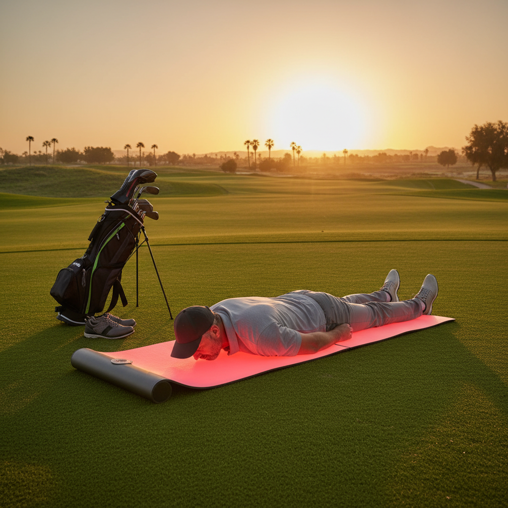 Professional golfer using a red light therapy mat on a golf course at sunset, with glowing red light illuminating his back