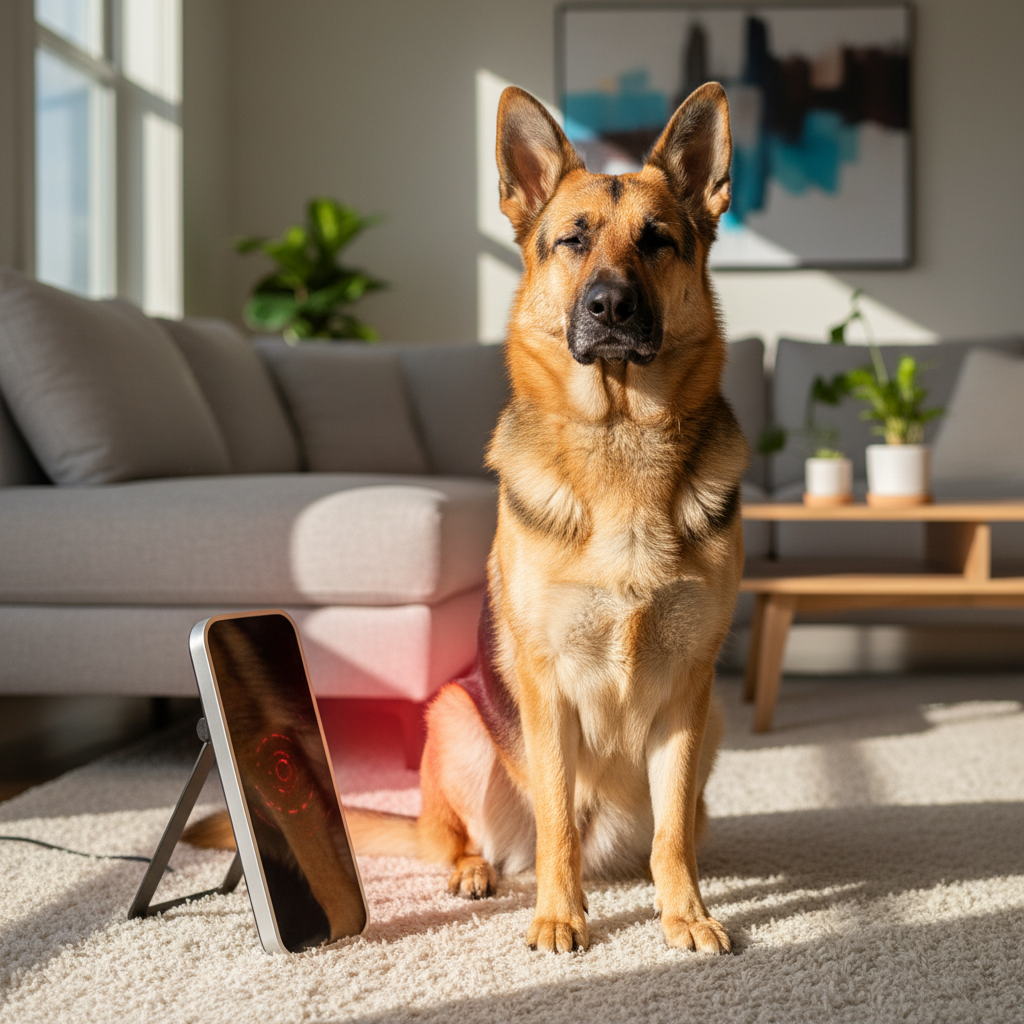 A German Shepherd receiving red light therapy for hip dysplasia in a bright home setting.