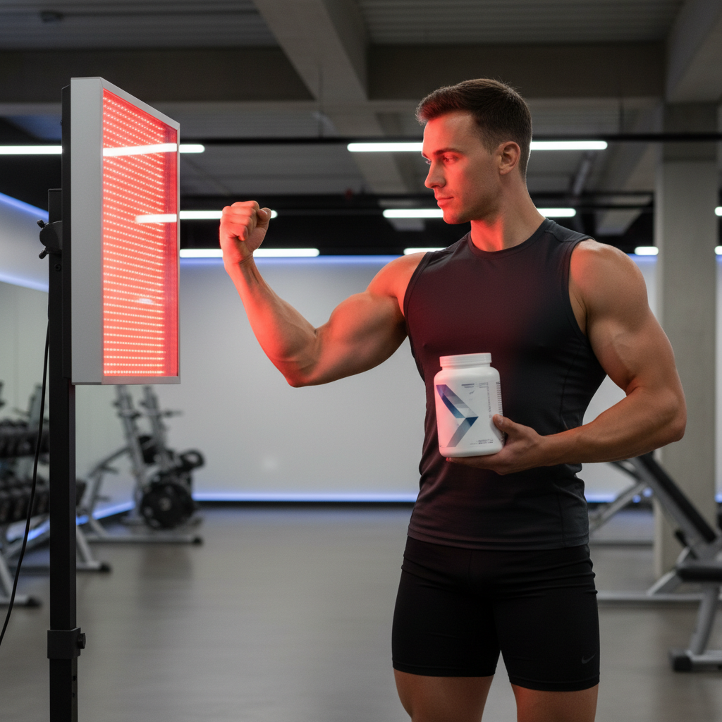 Athlete using red light therapy panel while holding creatine supplement container in a modern gym setting