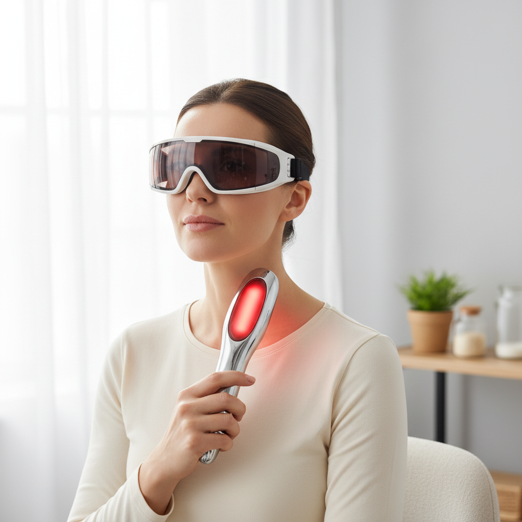 Woman applying near infrared light therapy device to neck for thyroid support with protective glasses