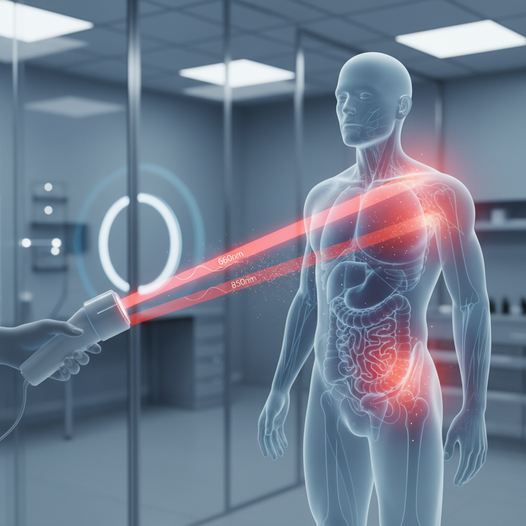 Scientific illustration of red and near-infrared light therapy applied to male anatomy in a clinical setting, emphasizing safe wavelength-based biohacking.