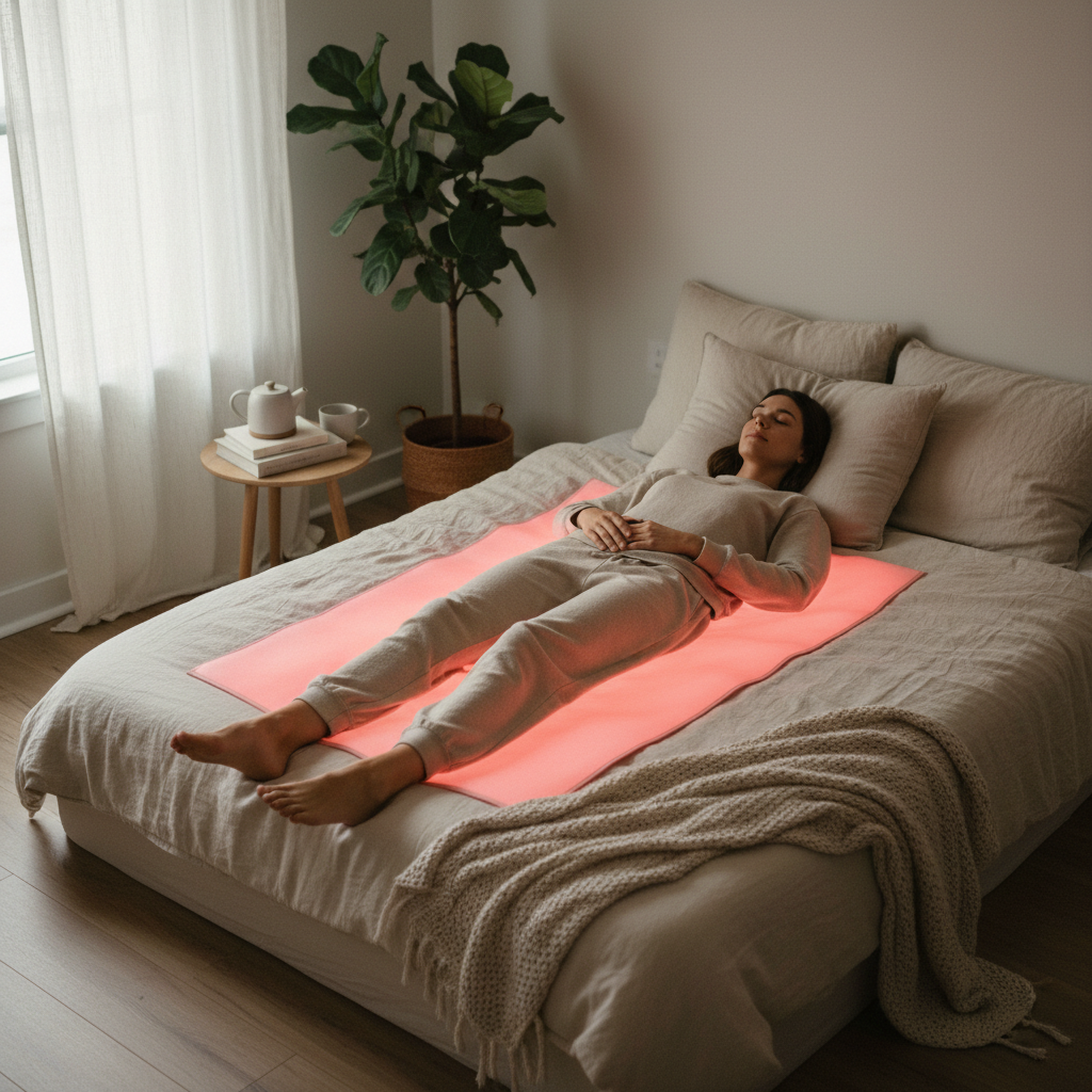 A serene at-home recovery scene with a person resting beside a full-body red light therapy mat glowing softly in a calm bedroom.