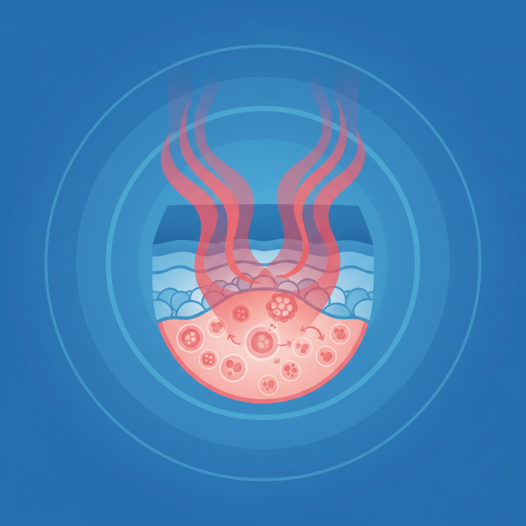 Scientific illustration of red and near-infrared light penetrating skin layers to support wound healing and tissue repair.