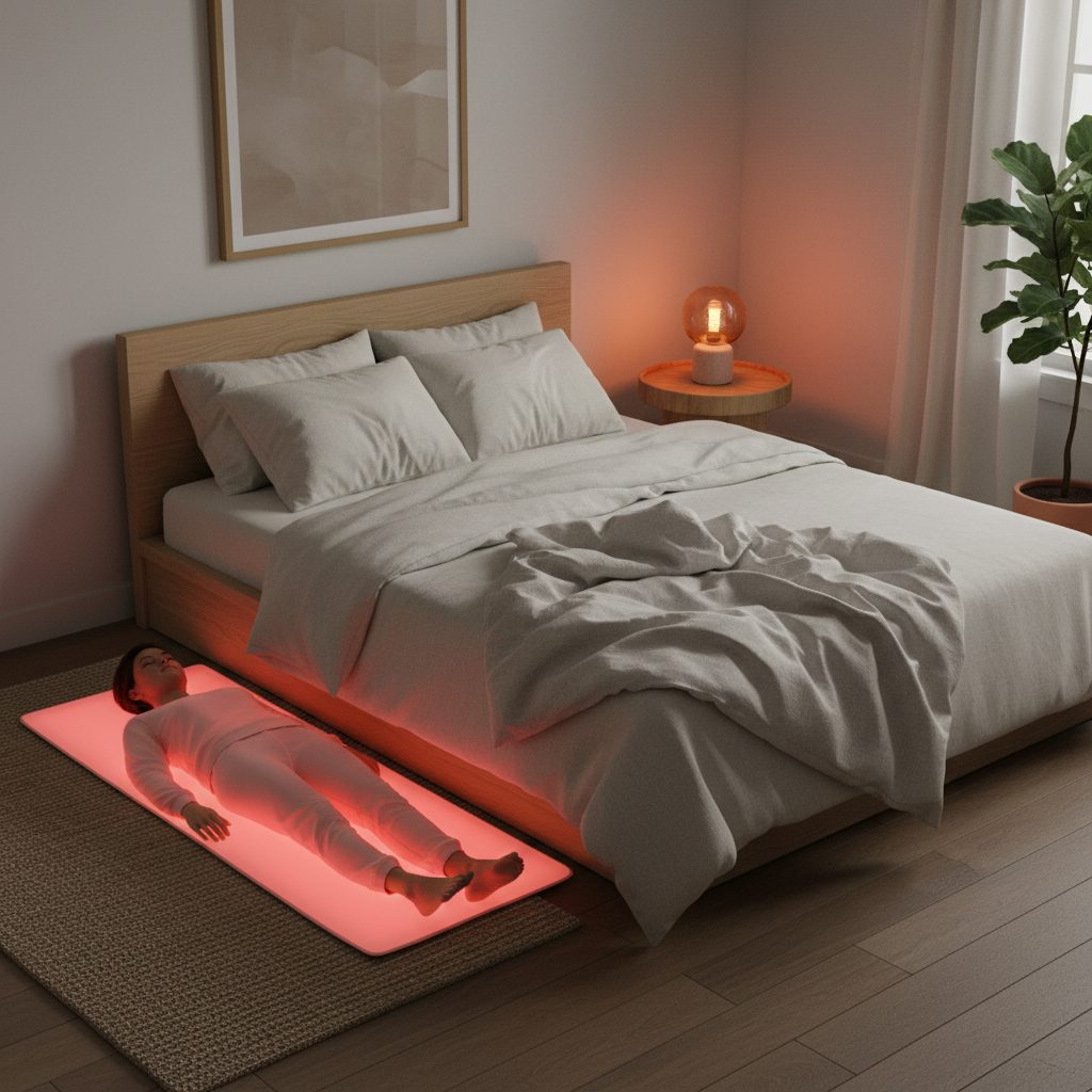 A calm bedroom scene at night with a person relaxing on a light therapy mat, suggesting a gentle bedtime routine.