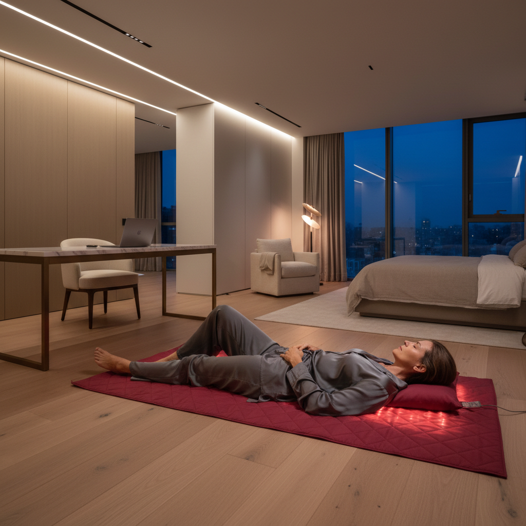 An executive using a full-body red light therapy mat in a modern minimalist home office at dusk.