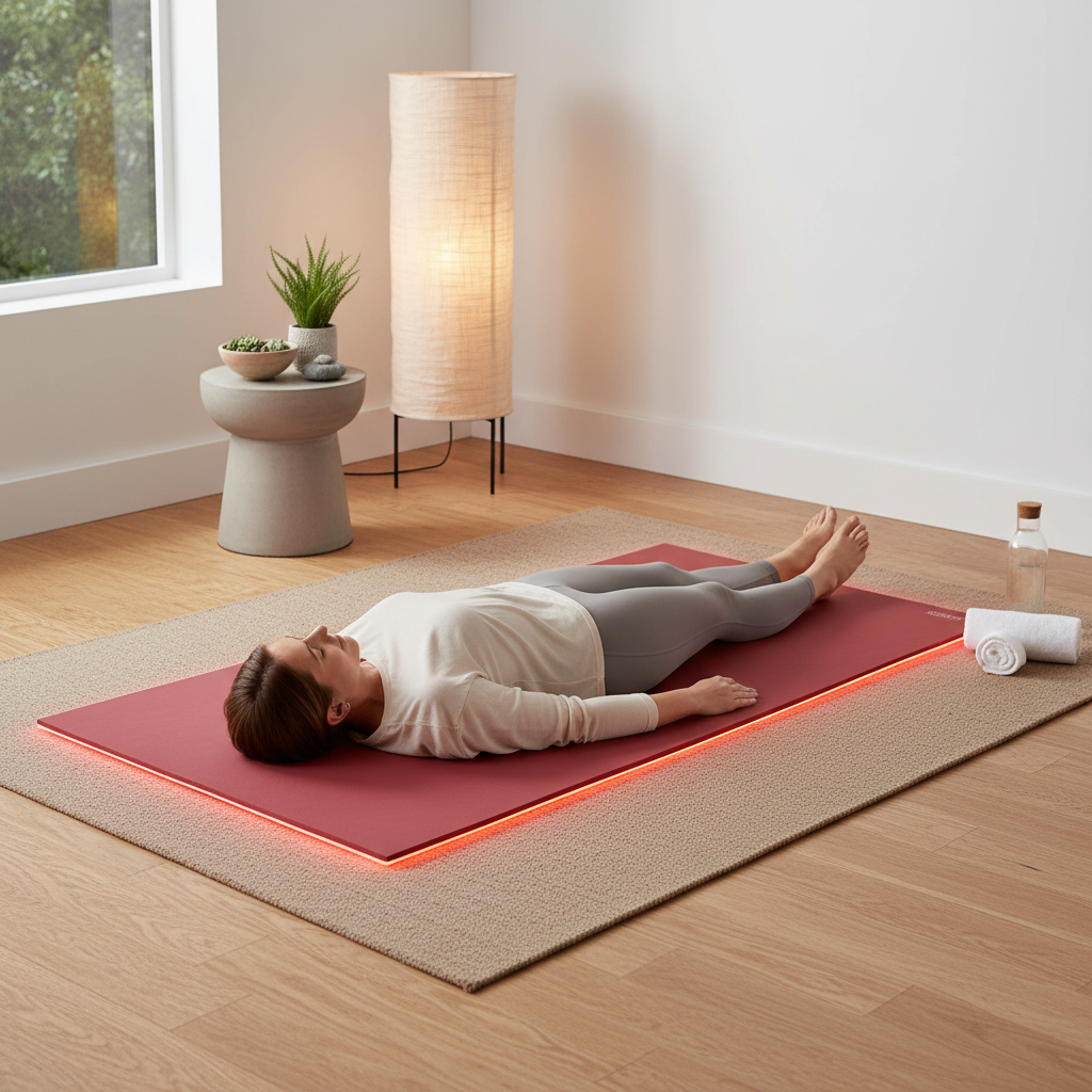 A person using a red light therapy mat in a calm home wellness setting.