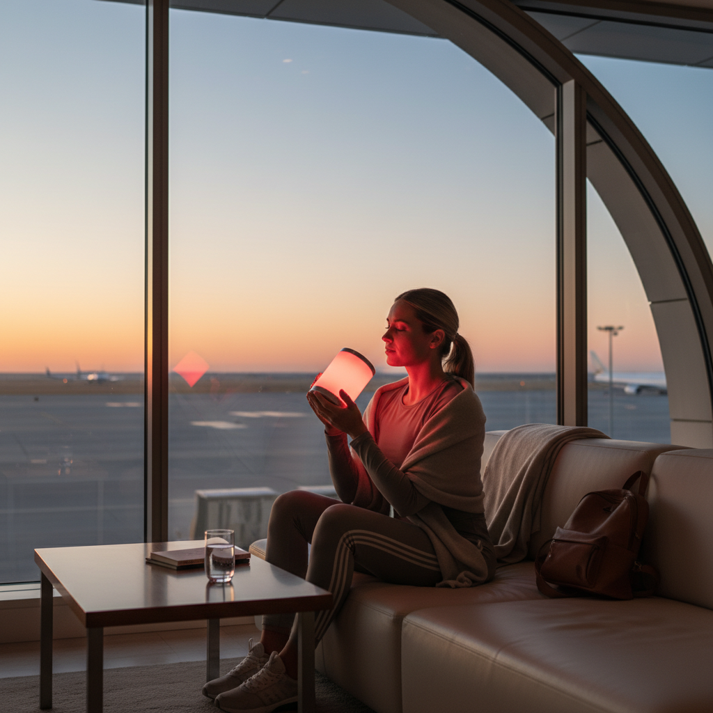 A professional traveler using a portable red light therapy device in a hotel room at dawn, creating a premium wellness scene.