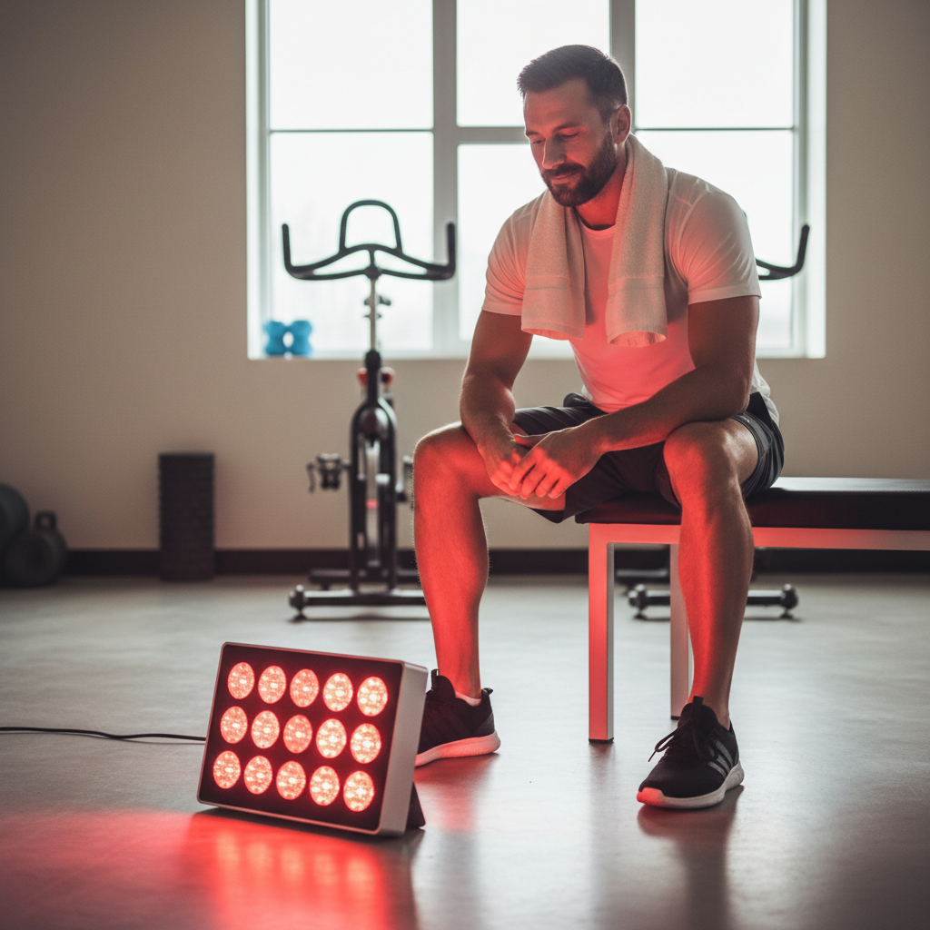 An athlete recovering after training while using a red light panel on sore leg muscles.