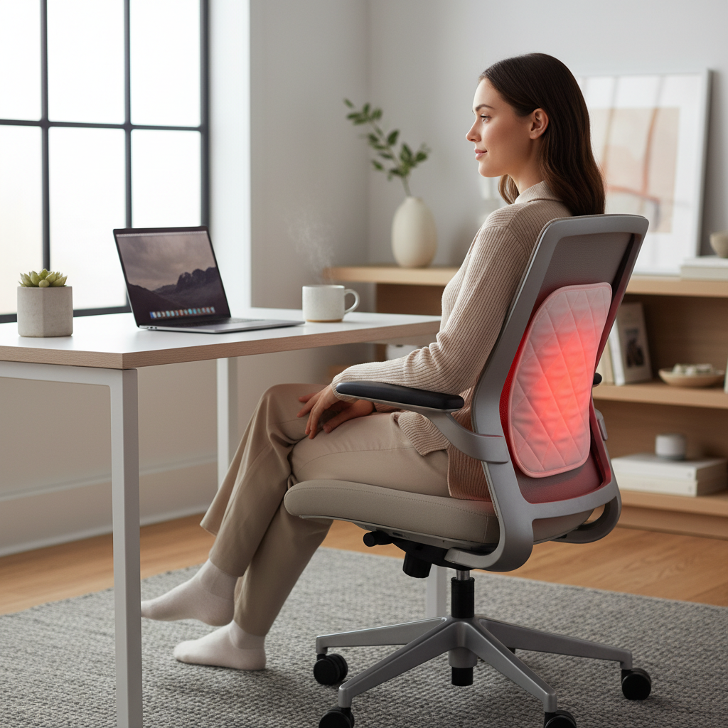 A desk worker using a red light therapy pad for lower back relief in a calm home office setting.