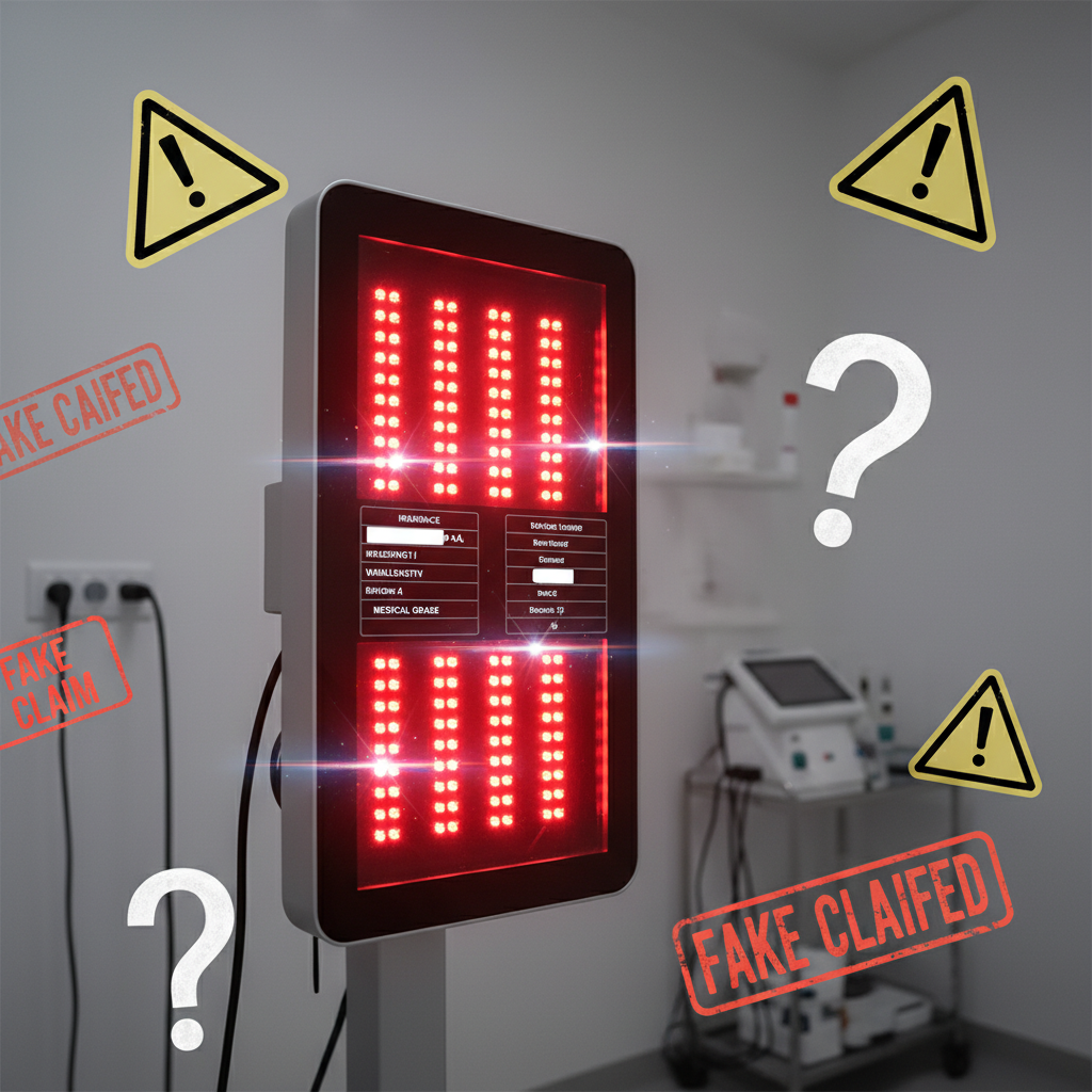 A skeptical investigative scene showing a red light therapy panel with warning symbols and questionable product claims.