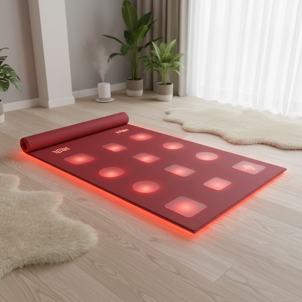 Red light therapy mat showing both continuous and pulsed mode indicators with wavelength labels