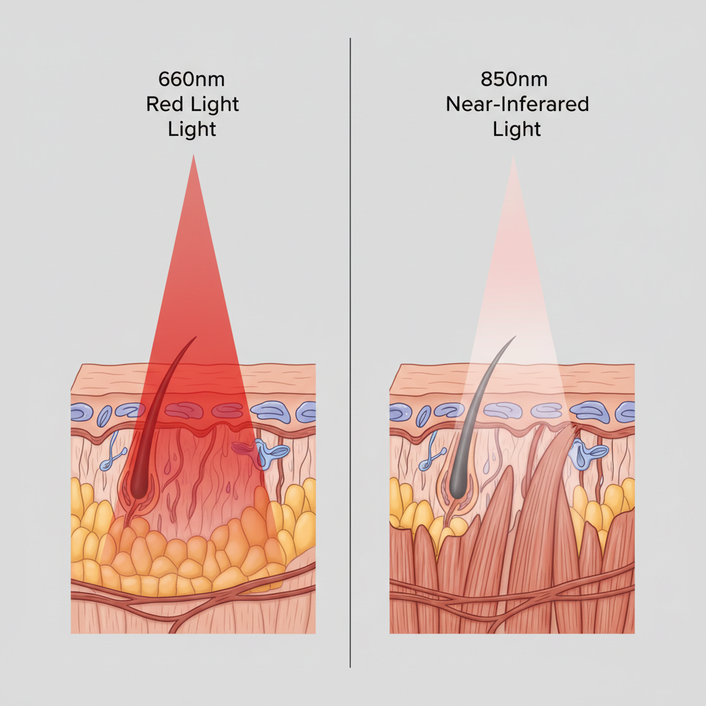 A scientific illustration comparing 660nm red light and 850nm near-infrared light penetrating the body at different depths.