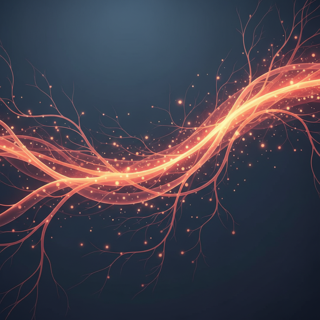 Abstract illustration of red and near-infrared light flowing through neural pathways in a scientific wellness style.